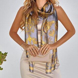 Beautiful & Soft Silk Feeling Gold Floral Scarf Wrap